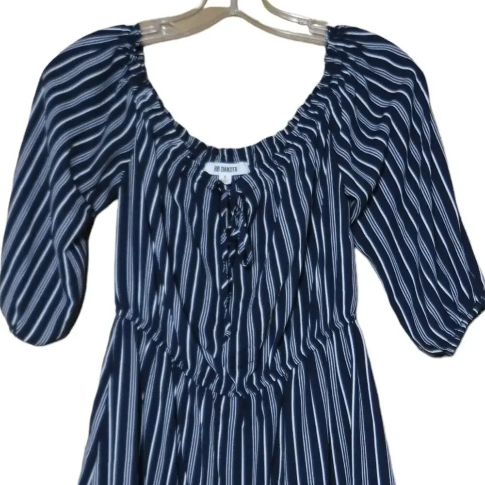BB Dakota Off Shoulder Dress Fit & Flare Elastic Waist Striped Navy Blue White S